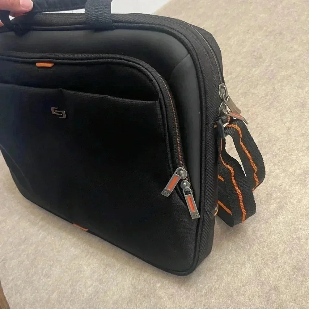 Solo Ace Slim Brief Laptop Briefcase Messenger Bag Black Orange Adjustable Strap